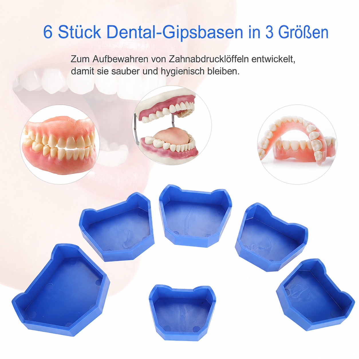 Zahn&auml;rztliche Labormodelle mit Kerben &ndash; in drei Gr&ouml;&szlig;en (S, M, L), blau, 6 St&uuml;ck